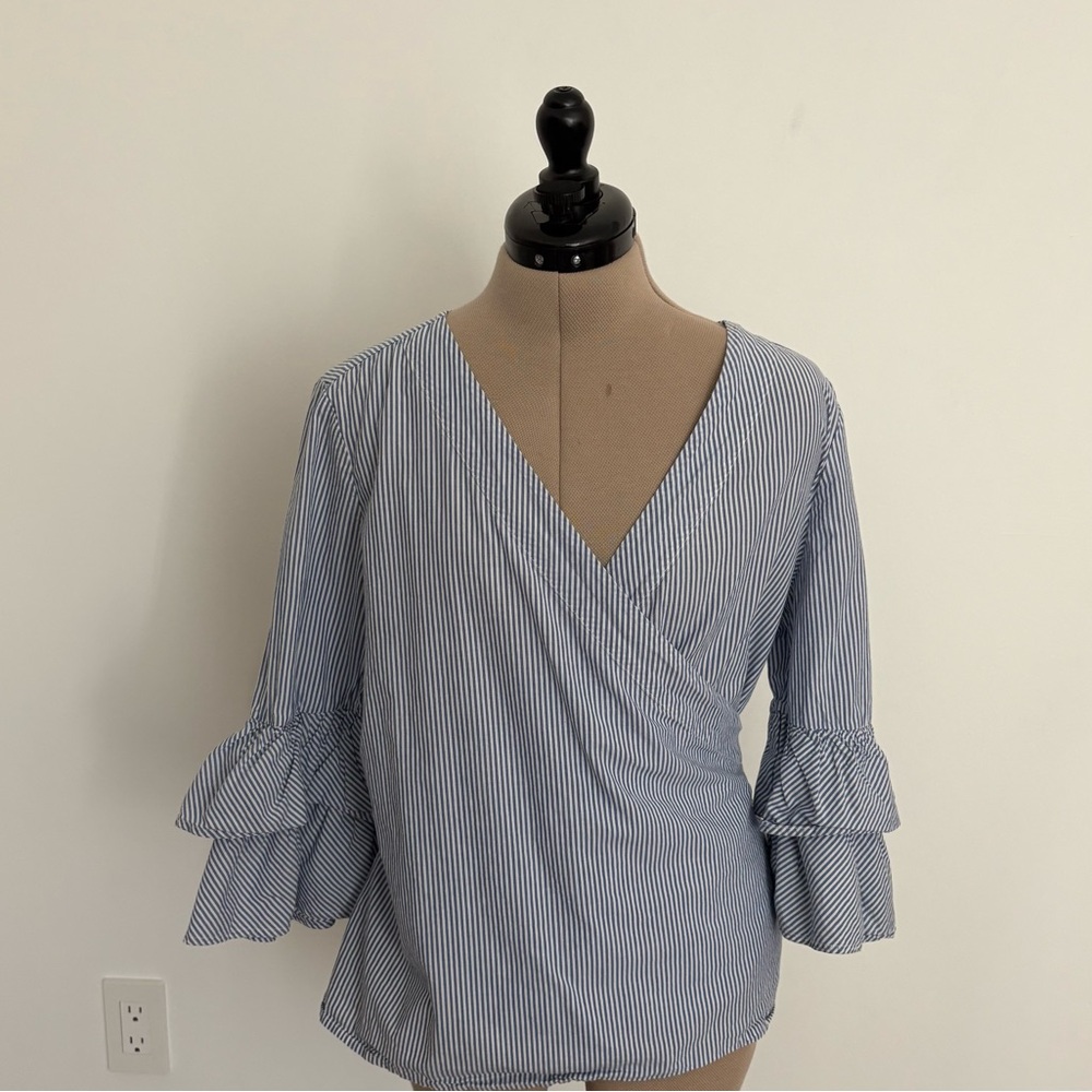 Beach Lunch Lounge Womens Striped Wrap Top Medium Blue White 100% Cotton Wrap